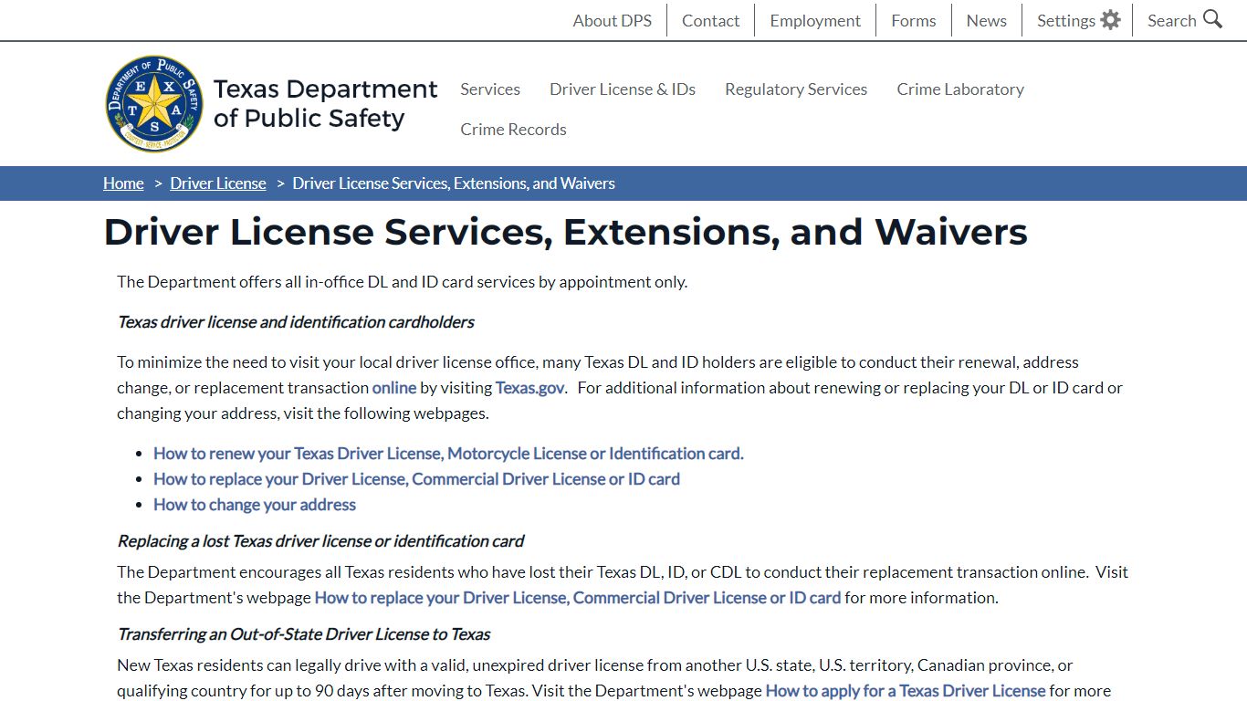 Driver License Services, Extensions, and Waivers