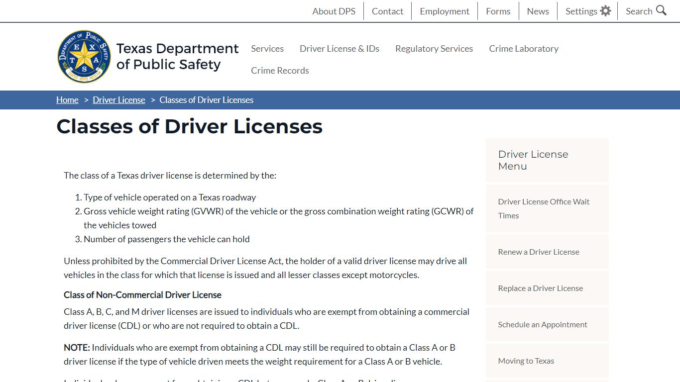 Classes of Driver Licenses | Department of Public Safety